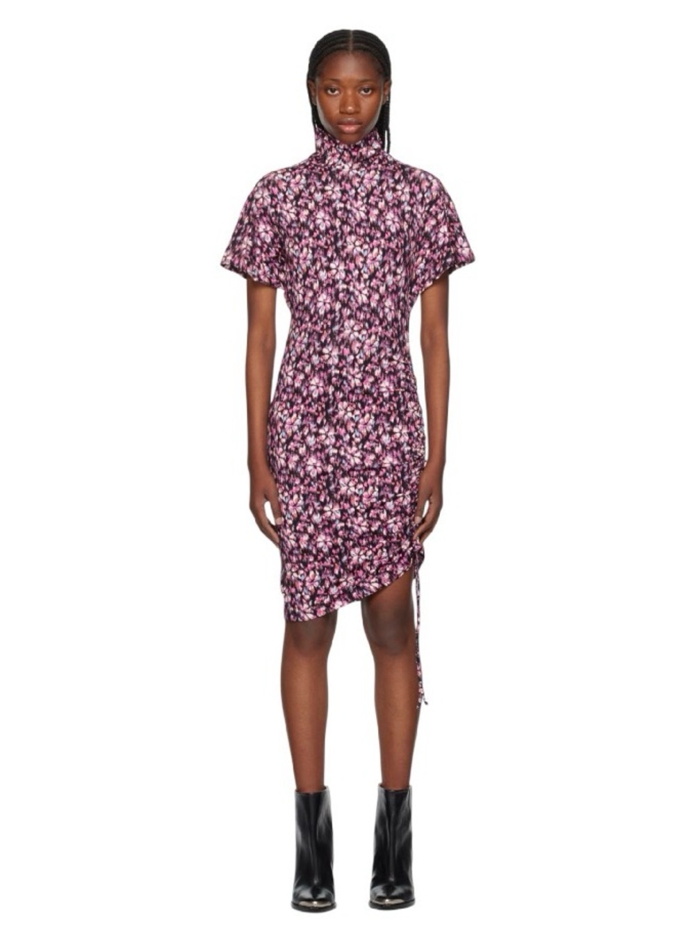 Isabel Marant Etoile Floral Ruched Mock Neck Dress in Pink and Black